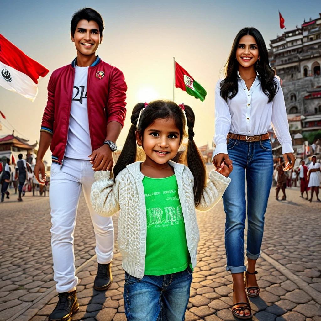 A 4-year-old girl walking very happily, a 30 years old Peruvian man holding hand with her left hand, and a beauty 25 years old woman hand with her right hand, casual clothes, very expressive gesture in face ((Peruvian skin)), clean dark hair. natural white lights. (((stock photography style:1.2)))