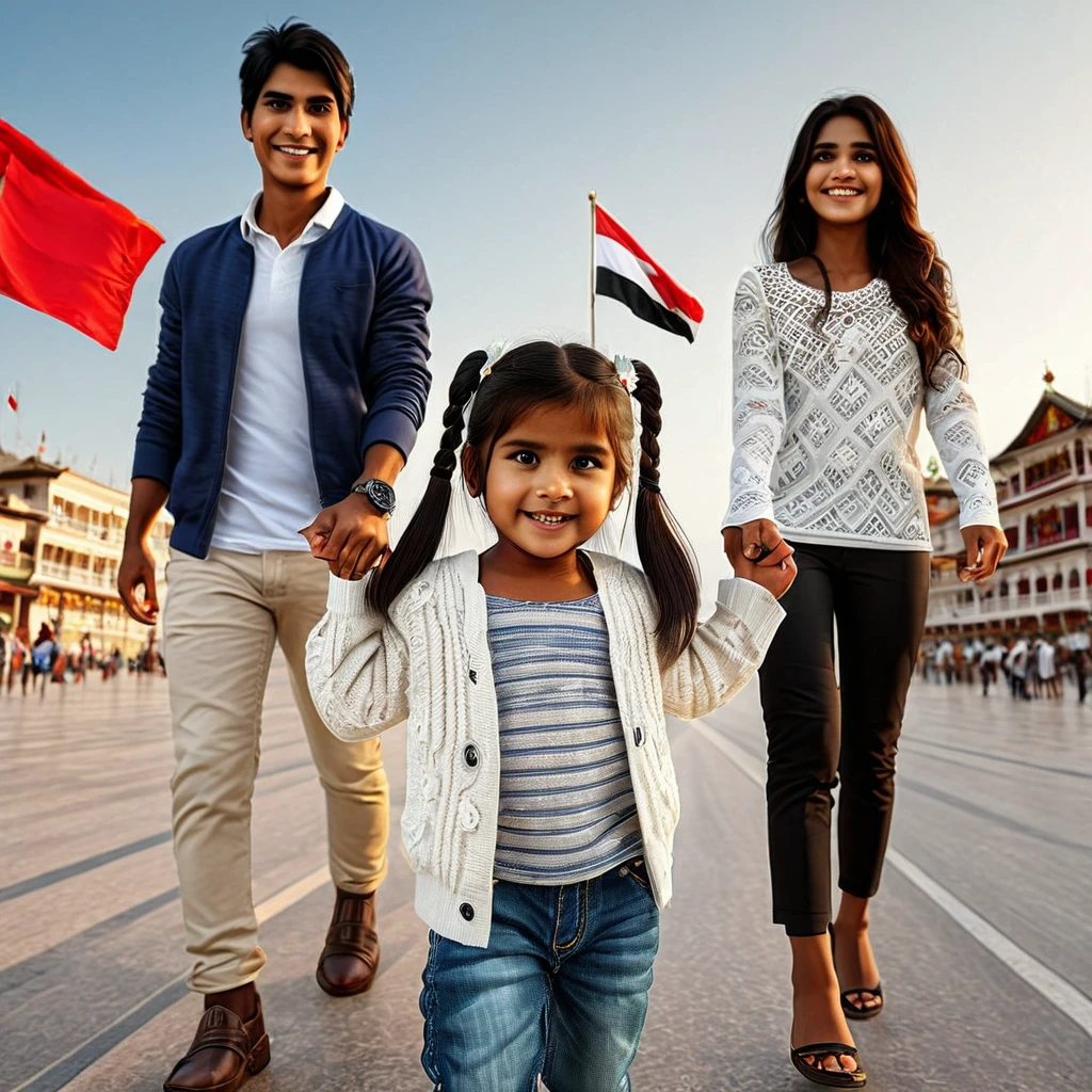 A 4-year-old girl walking very happily, a 30 years old Peruvian man holding hand with her left hand, and a beauty 25 years old woman hand with her right hand, casual clothes, very expressive gesture in face ((Peruvian skin)), clean dark hair. natural white lights. (((stock photography style:1.2)))