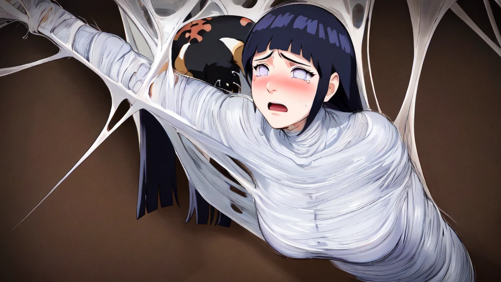 masterpiece, best quality, 1girl, solo, looking at viewer, hinata\(shippuden\), length hair, floating hair,large breasts , breasts out, (arms behind back:1.4), hanging,spiders in the web,long spider, Hinata, desperate,struggle, entangled, scared face, crying despair,cocoon, blushing face, fucked by spider, (spider touching her), silk gagged