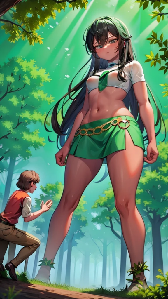 In a forest of large trees there is an even larger Amazonian giantess, with brown skin, black hair, thin, with clothes of the forest, and with very long legs, she is looking for small human invaders of the forest to destroy them so that they do not disturb the peace of the forest. Giantess, goddess, hot, black skin, tall legs, sexy, tiny people, tiny humans, crush, forest, trees, standing, group of small people, slim body