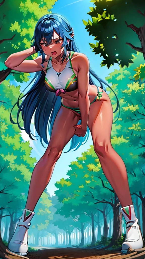 In a forest of large trees there is an even larger Amazonian giantess, with brown skin, black hair, thin, with clothes of the forest, and with very long legs, she is looking for small human invaders of the forest to destroy them so that they do not disturb the peace of the forest. Giantess, goddess, hot, black skin, tall legs, ????, tiny people, tiny humans, crush, forest, trees, standing, group of small people, slim body