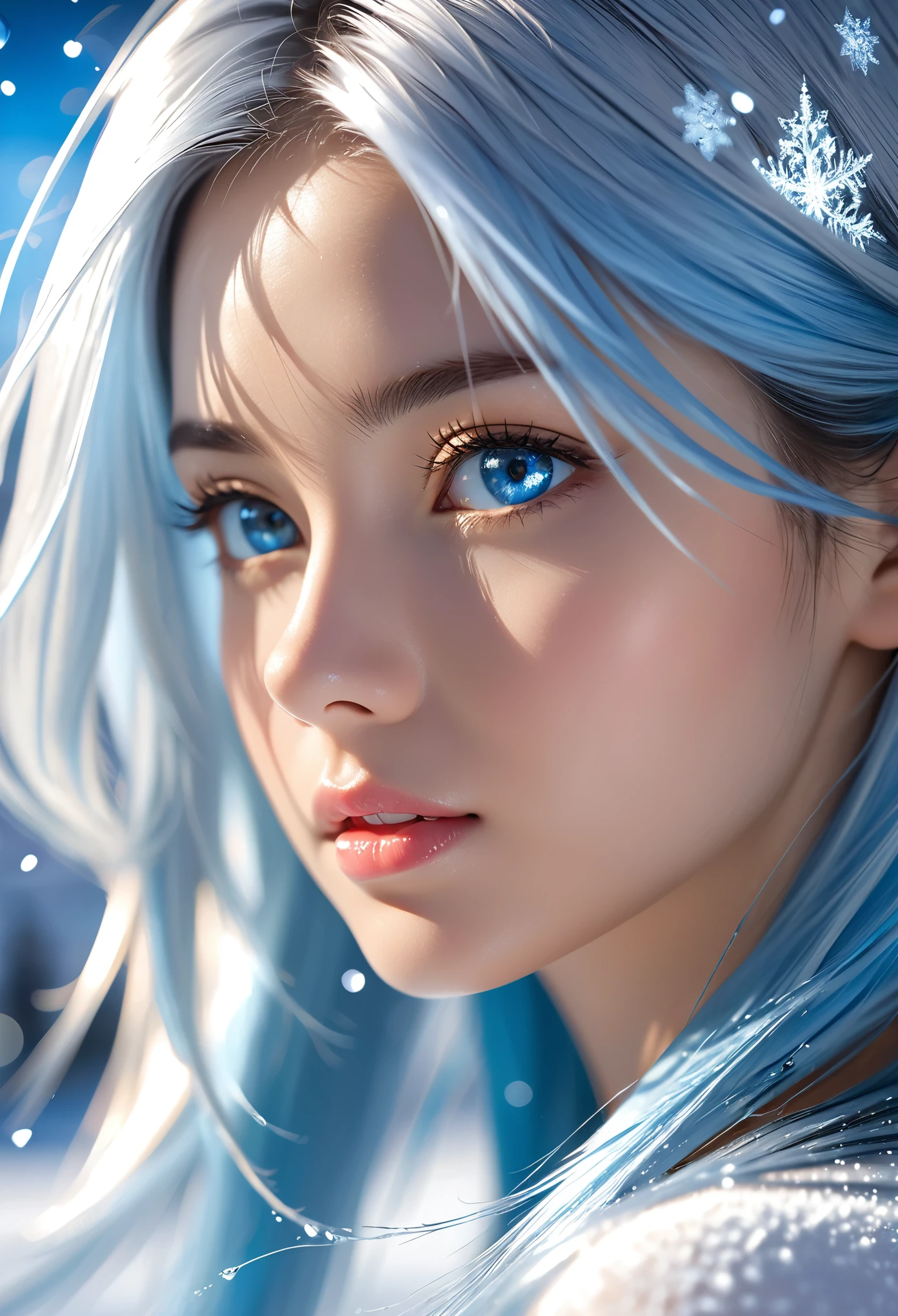 beautiful, young woman, in the crystal and ice area, fluttering ice, snowing, streaked hair, sliver hair, sky blue hair, long hair, blue eyes, eye reflection, disdain, ray tracing, reflection light, blurry, glowing light, shallow depth of field, chiaroscuro, stereogram, zoom layer, side, bokeh, masterpiece, best quality, high quality, HD