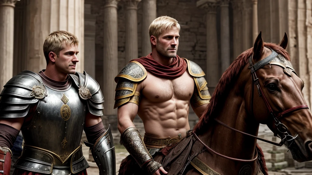 Ancient Rome. Muscular, with a carefully shaved face, without beard or mustache, handsome, in battle armor, blond centurion of the Roman army, 45 years old. He fucks in the ass a red-haired slave boy, 16 years old, poorly dressed, who is in love with him. . There is joy and pleasure on the centurion's face