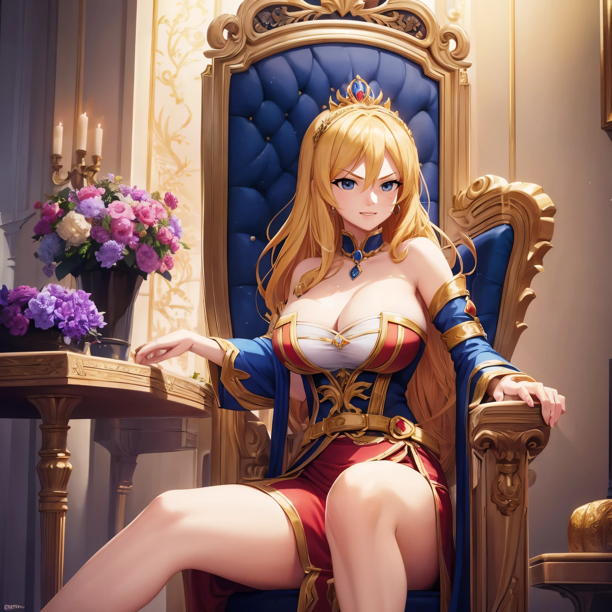 Your influencer character(milf with blond hair) Dressed like a queen. smiling sitting on the throne. Detailed anime style with vibrant colors and dynamic perspective.