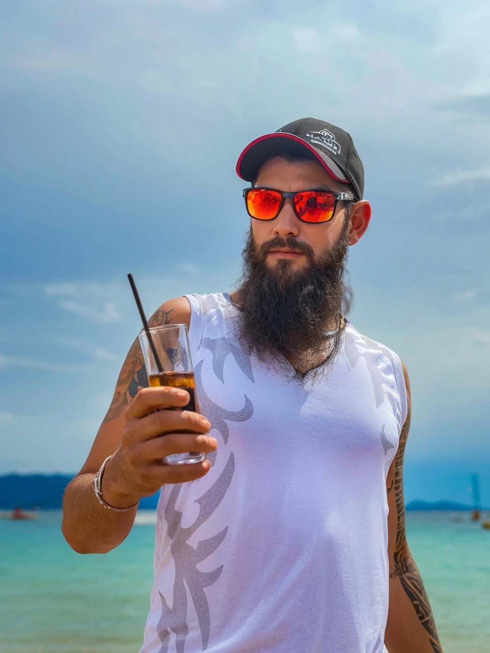 Viking man with black hair on beach vacation lying under palm tree and drinking lemonade
