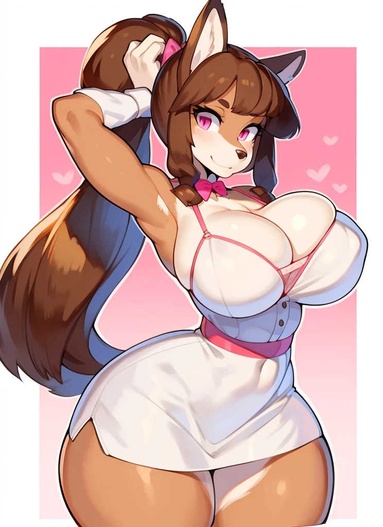 by by buta99, by chelodoy, by spikedmauler, by cervina7, solo, female, standing, looking at viewer, ((hair, snout)), smiling, lips, eyelashes, eyeliner, , cleavage, ,rown fur, pink eyes, sexy, long light br hair, skinny, canine, pink, kawaii, domestic dog, wavy hair, small waist, huge thighs, , big eyes, light pink clothes, sexy, big hips, sexy oit, f dramatic p, action pose, sexy, pink background, pink me, kawaii, hair in ponytail, facing viewer, pink bra, white mini skirt, wearing white miniskirt, small waist, sexy, white background, white bon up shirt, black skirt, busi t