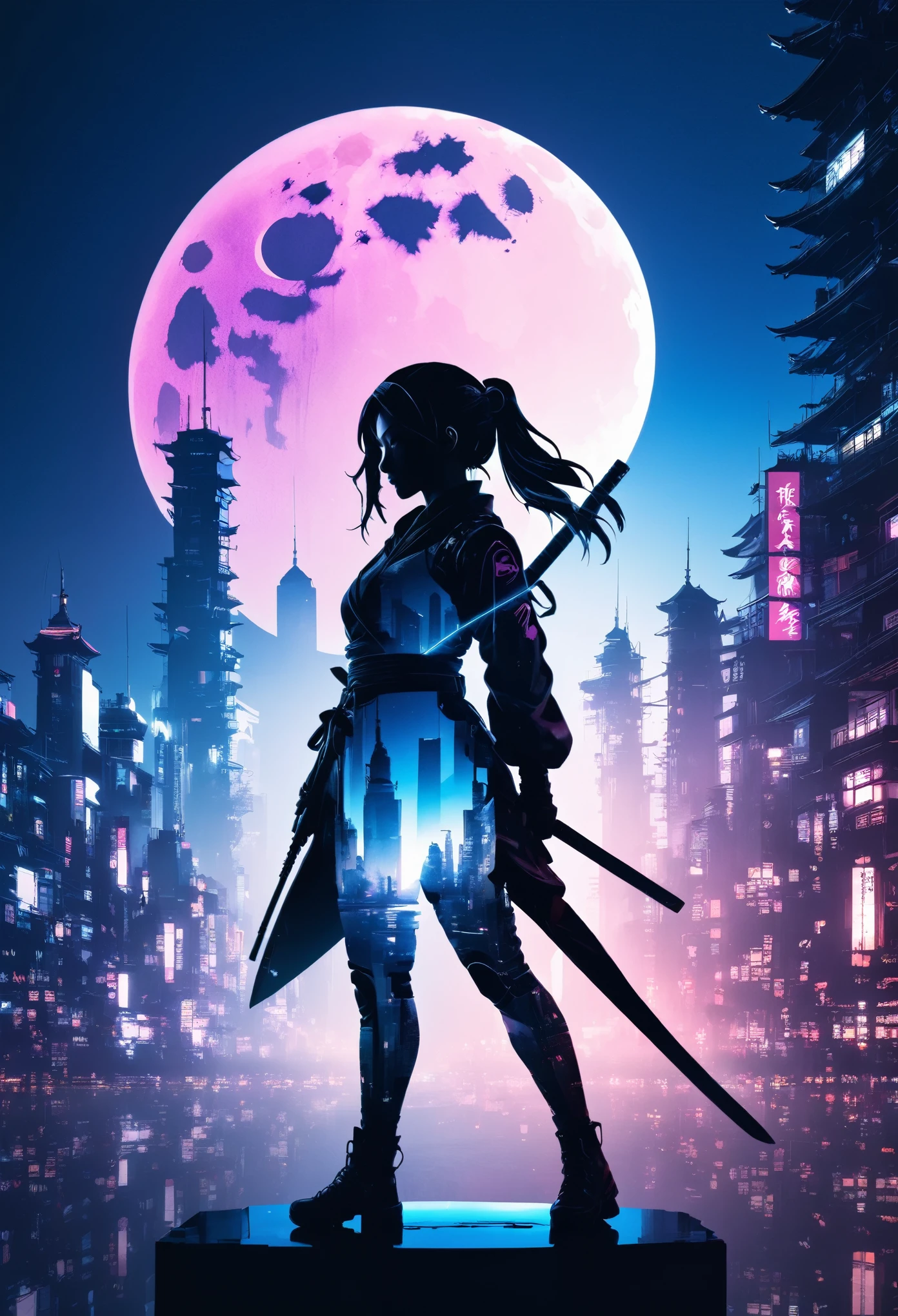  mate piece, silhouette, Kunoichi, logo, monotony, moon, double exposure, cyberpunk city, depth of field, (holographic glow effect), masterpiece,