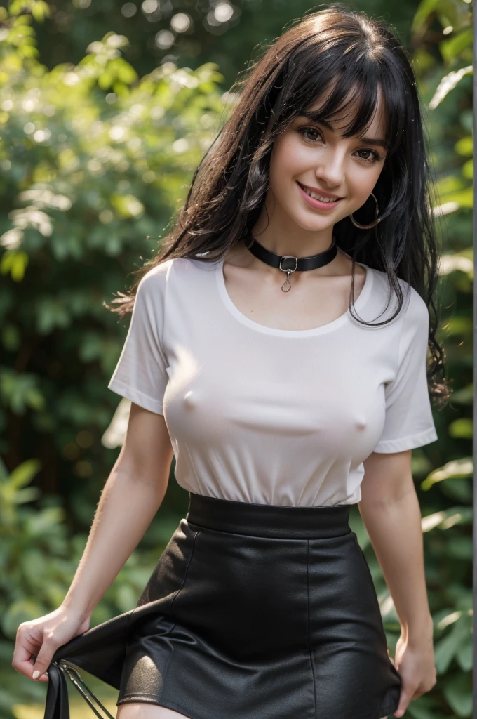 (best quality,4k,8k,highres,masterpiece:1.2),ultra-detailed,realistic,  girl, long curly black hair, bangs, beautiful detailed eyes, beautiful detailed lips, smiling, pale skin, small nose, narrow waist, large breasts, short skirt, wet t-shirt, (steel slave collar), outdoors, vibrant colors, soft lighting, full length picture
