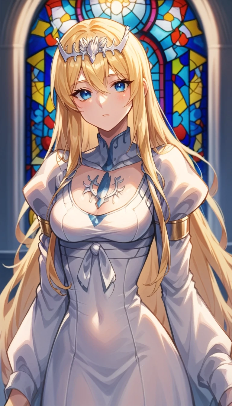 score_9, score_8_up, score_7_up, indoor, in the cathdral, in very big church, day light, stained glass, 
BREAK
source_anime
BREAK
1girl, solo, Calca, Calca Bessarez, blonde hair, (extremely long hair1.5), very long hair, white tiara, white dress, blue eyes, medium chest,extremely long hair, blunt bang, bang