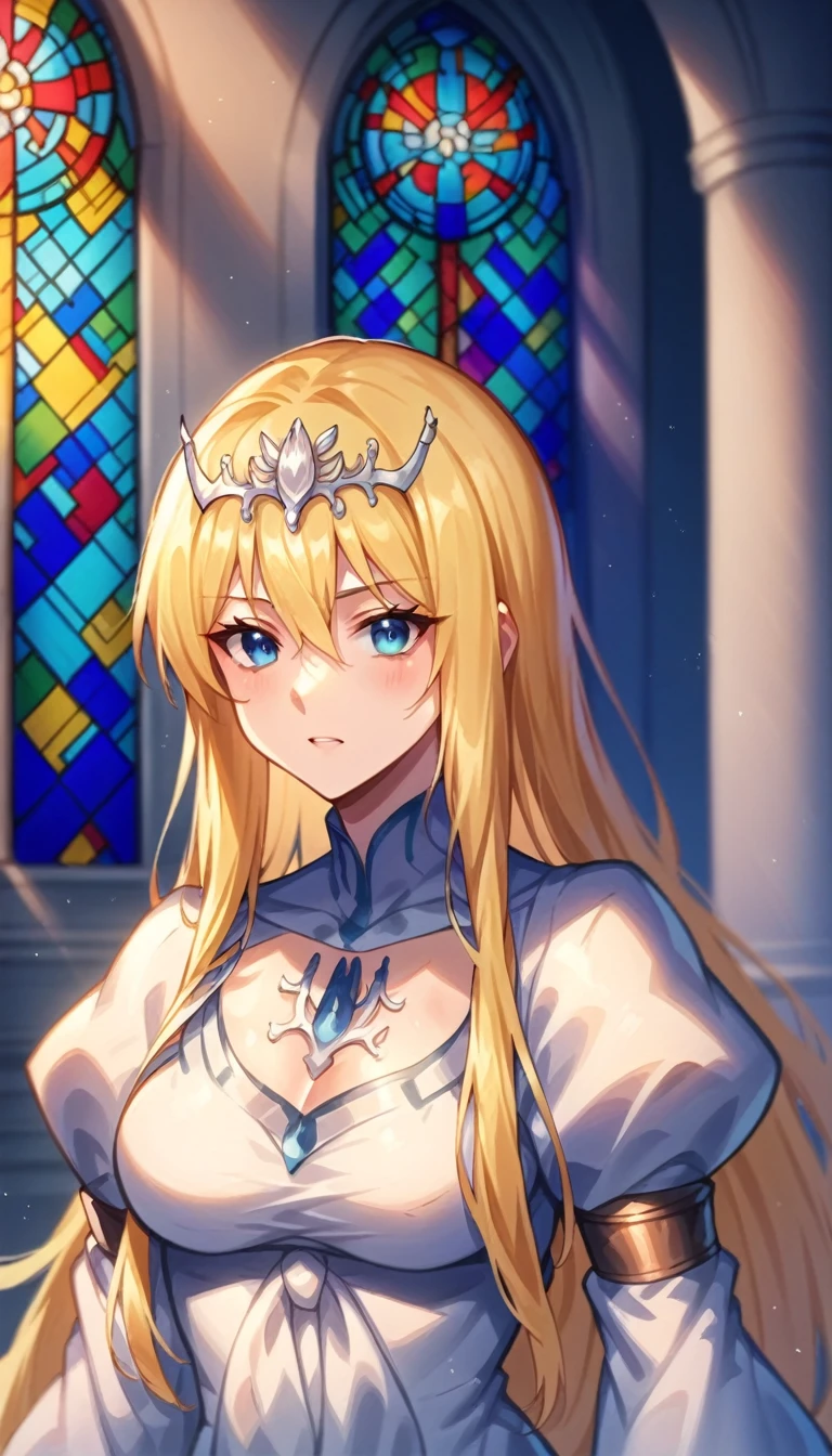 score_9, score_8_up, score_7_up, indoor, in the cathdral, in very big church, day light, stained glass, 
BREAK
source_anime
BREAK
1girl, solo, Calca, Calca Bessarez, blonde hair, (extremely long hair1.5), very long hair, white tiara, white dress, blue eyes, medium chest,extremely long hair, blunt bang, bang