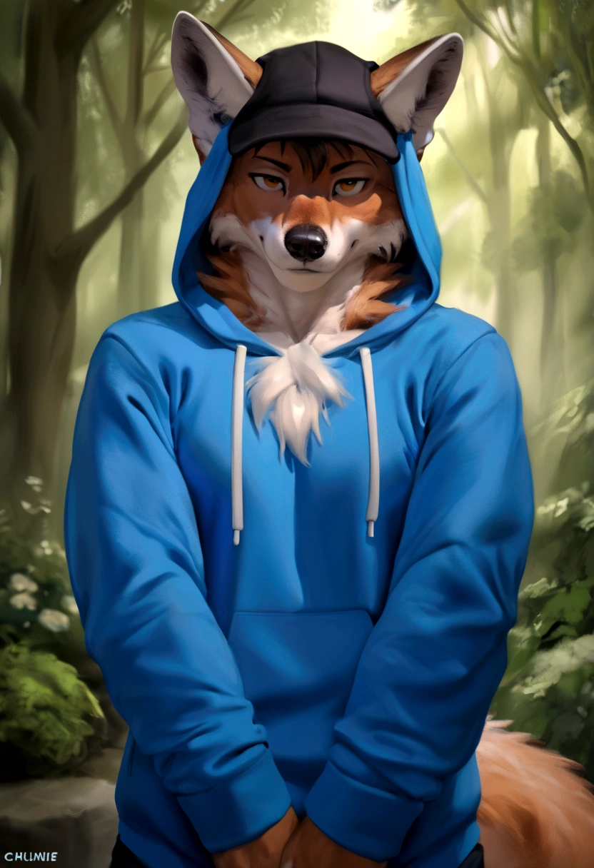 arafed wolf wearing a blue hoodie and a black hat, in a hoodie, thick furry neck and chest fluff, commission for high res, wearing a hoody, wearing a hoodie, wearing a blue hoodie, furry wolf, furry chest, casually dressed, furry fursona, an anthro wolf, pov furry art, fursona furry art commission, dressed casually