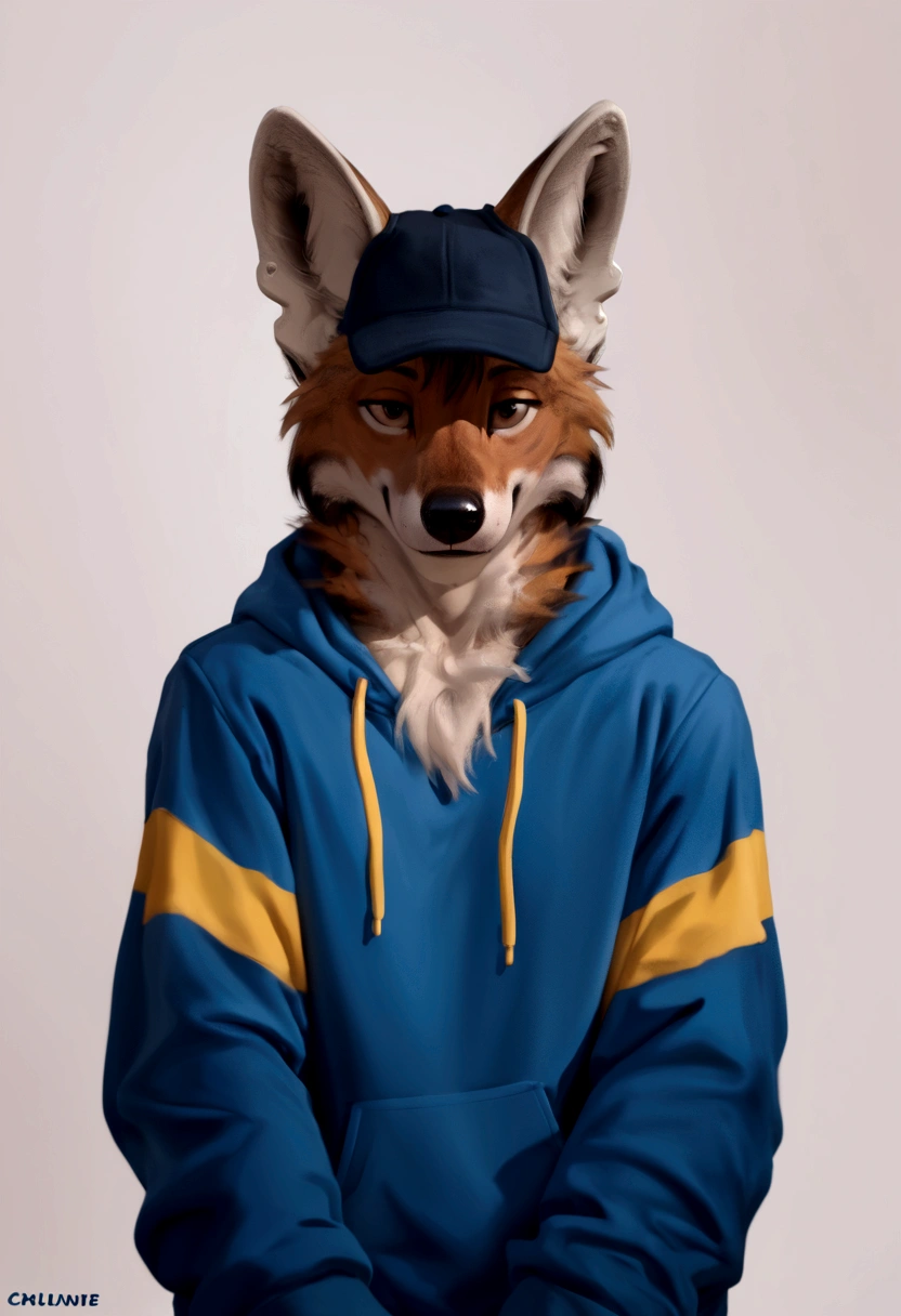 arafed wolf wearing a blue hoodie and a black hat, in a hoodie, thick furry neck and chest fluff, commission for high res, wearing a hoody, wearing a hoodie, wearing a blue hoodie, furry wolf, furry chest, casually dressed, furry fursona, an anthro wolf, pov furry art, fursona furry art commission, dressed casually