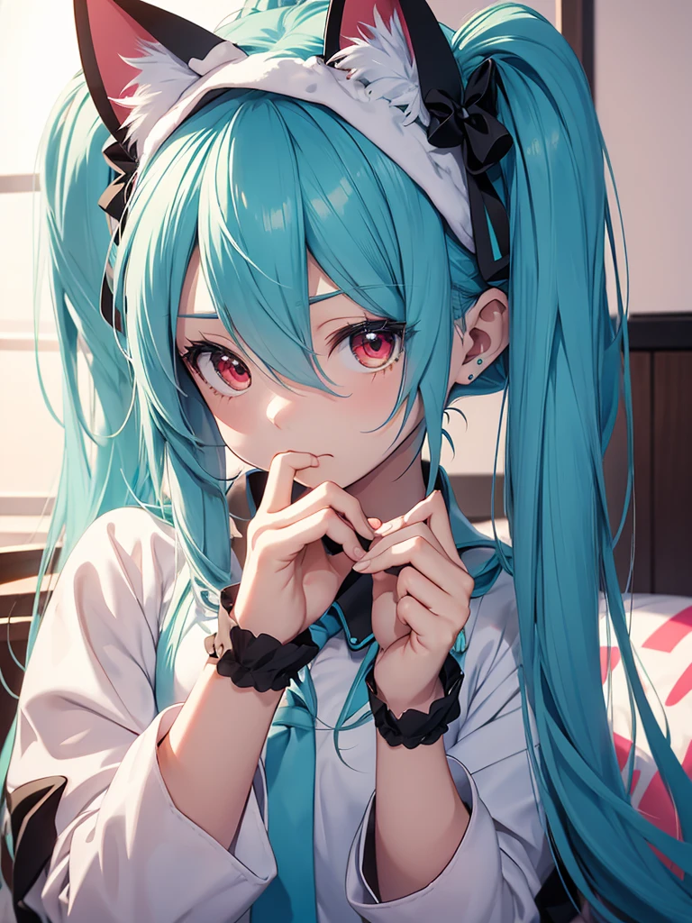 hatsune miku, pijama, cat ears, sucking fingers, red eyes