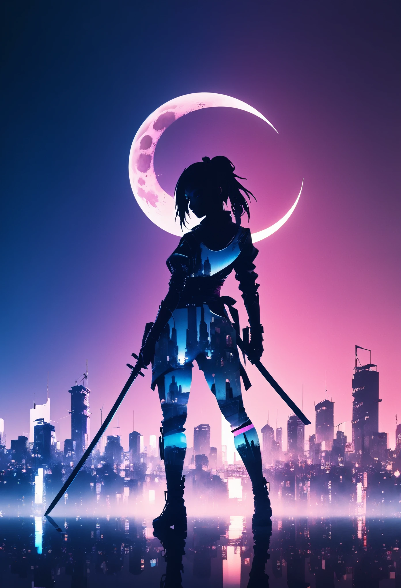 mate piece, silhouette, Kunoichi, logo, monotony, moon, double exposure, cyberpunk city, depth of field, (holographic glow effect), masterpiece,