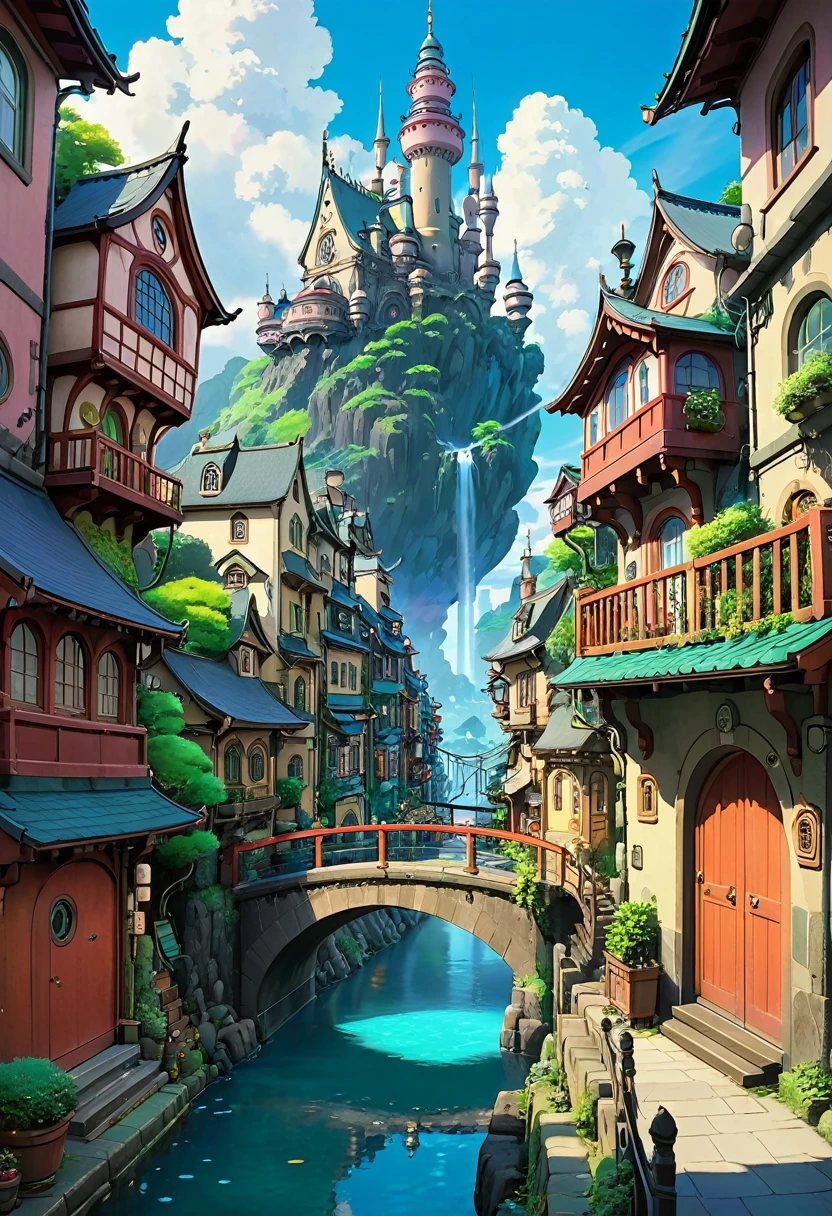 A beautiful jaw dropping city that is mash up of fairy tale and scifi. Style of Studio Ghibli