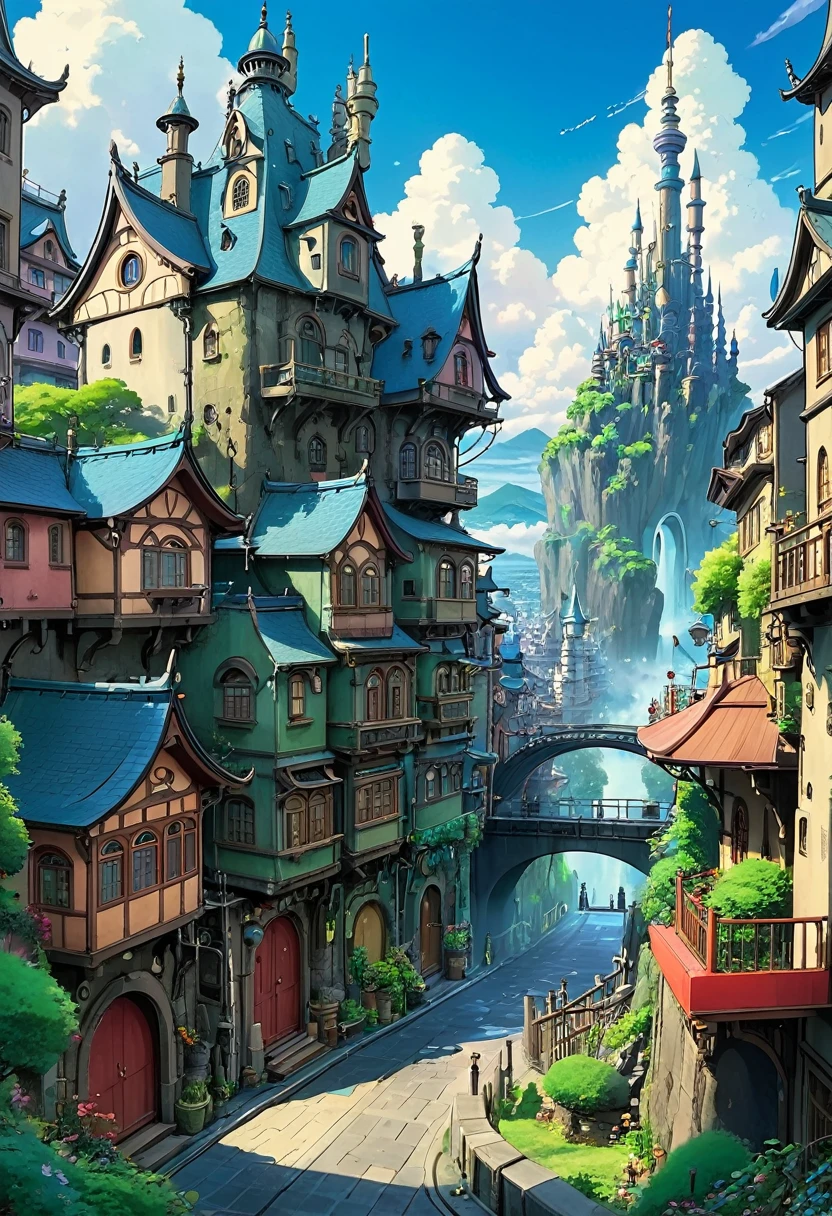 A beautiful jaw dropping city that is mash up of fairy tale and scifi. Style of Studio Ghibli