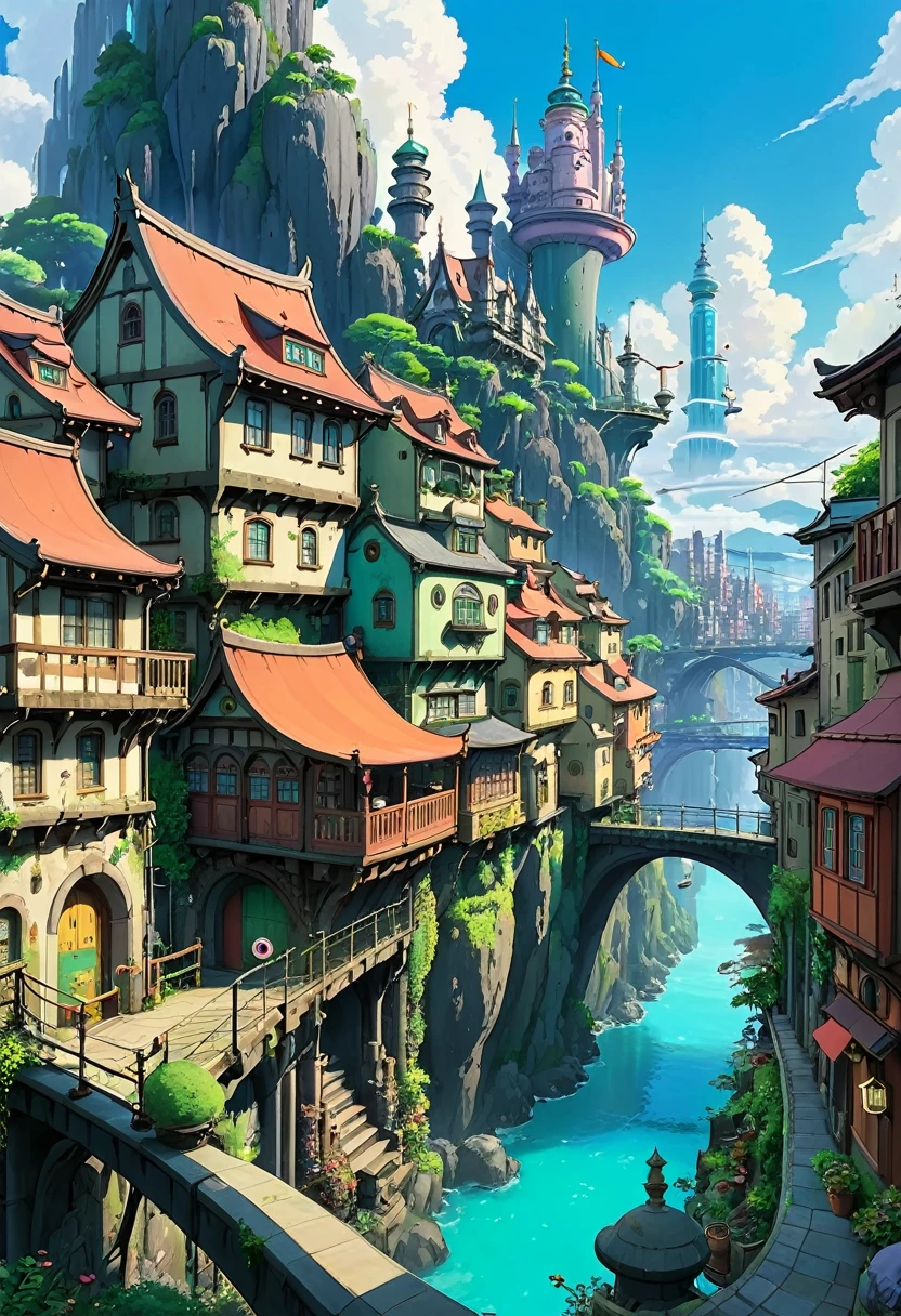 A beautiful jaw dropping city that is mash up of fairy tale and scifi. Style of Studio Ghibli