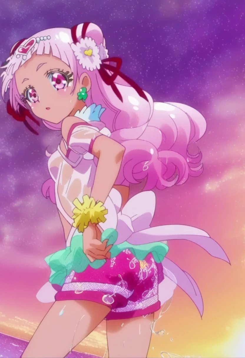 anime, (high quality, detailed, beautiful), shiny, detailed beautiful eyes, outstanding, countershading, detailed soft lighting, an exquisite animation illustration, score_9, score_8_up, score_7_up, source_anime, anime screencap, anime coloring, megami magazine, sidelighting, shiny luminous, 1girl, solo, solo focus, cure yell, small breasts, flat busts, shiny skin, wet skin, very sweaty, very wet skin, steaming body, bend down, ass, pink boxers, looking at viewer, sky, dutch angle. cowboy shot, outdoors, beach side, sunset, evening, Expressiveh, confused,