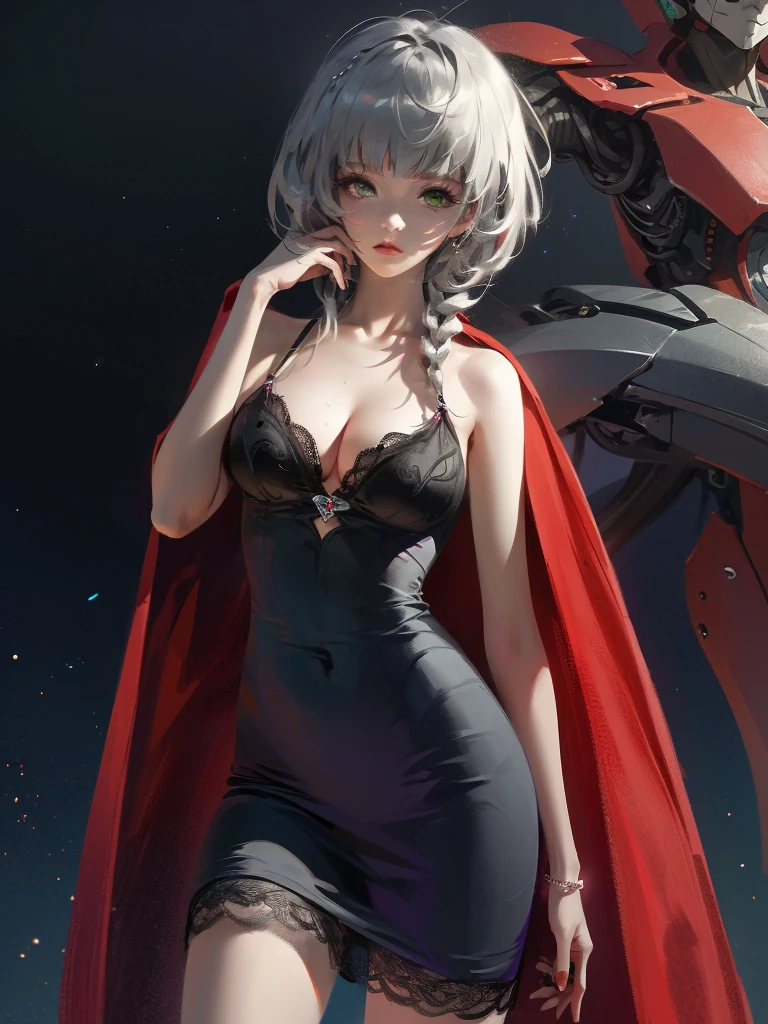 by Wlop,(Masterpiece),(Highest quality:1.4), (Highest Detailed:1.3), (8k very detailed CG unit wallpaper), anime girl in short shorts and jacket standing next to giant robot, artwork in the style of guweiz, cyberpunk anime girl mech, trending on cgstation, guweiz, by Russell Dongjun Lu, digital cyberpunk anime art, ross tran 8 k, guweiz on artstation pixiv, girl in mecha cyber armor (1 girl, Gray hair, extremely long hair, low twin braids, green eyes, , Determined) (Digital) (Details in the fitting room, (evening dress, plunging neckline)) , best quality, stlouis, corps entier, white hair random face, yeux bleus, Dark Purple Gossamer Cape, Dark purple Gossamer dress, lace underwear, collier, collier, earrings, , Gossamer Gloves Dark Purple, bas, bijoux, joaillerie, Head Ornament, ornement des mains, Ornement de jambes, bracelet, bracelet de cheville, talons hauts, huge breasts, gros seins, gros seins, Burst breasts, gros seins, seins pleins, breasts exposed, narrow waist,, gros cul, ventre nu, nombril nu, Cul nu, gros cul, ventre nu, ventre nu, sexy, sueur, peau brillante, perfect female body, (Rendered in ultra-high definition, (UHD) resolution 8K:1.4), perfect beautiful body