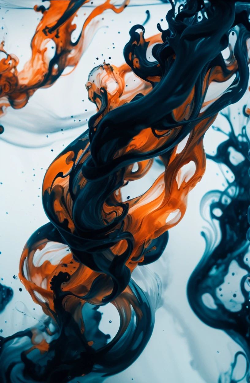 photograph, cinematic color grading, prisoner made of ultra dark orange swirling ink, underwater