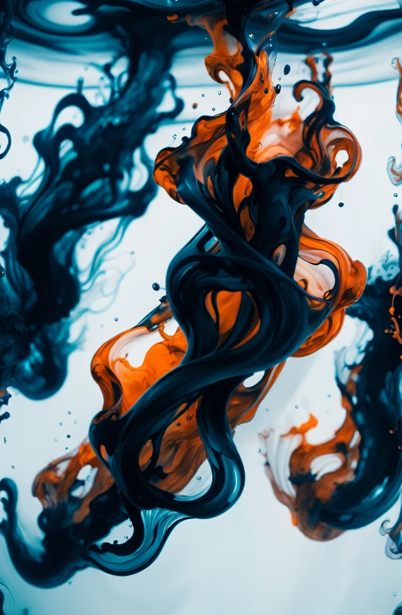 photograph, cinematic color grading, prisoner made of ultra dark orange swirling ink, underwater