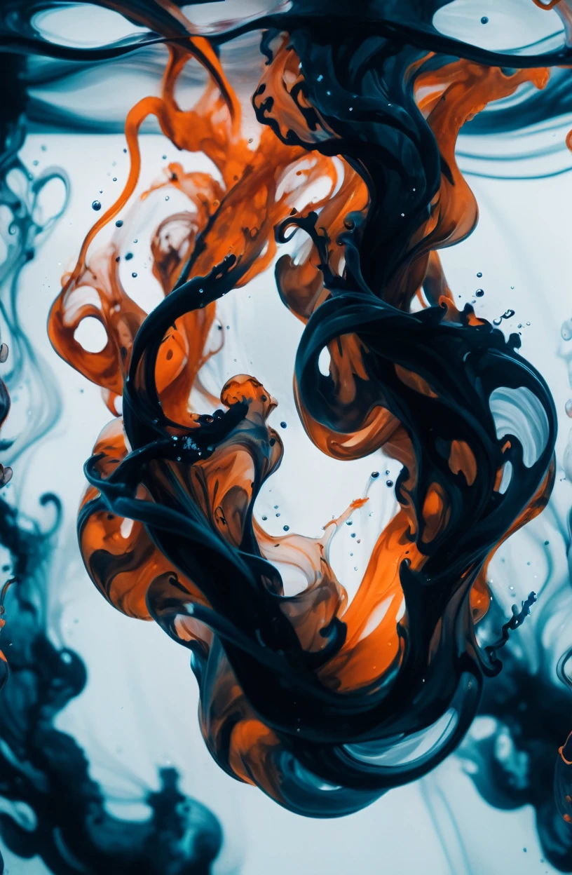 photograph, cinematic color grading, prisoner made of ultra dark orange swirling ink, underwater