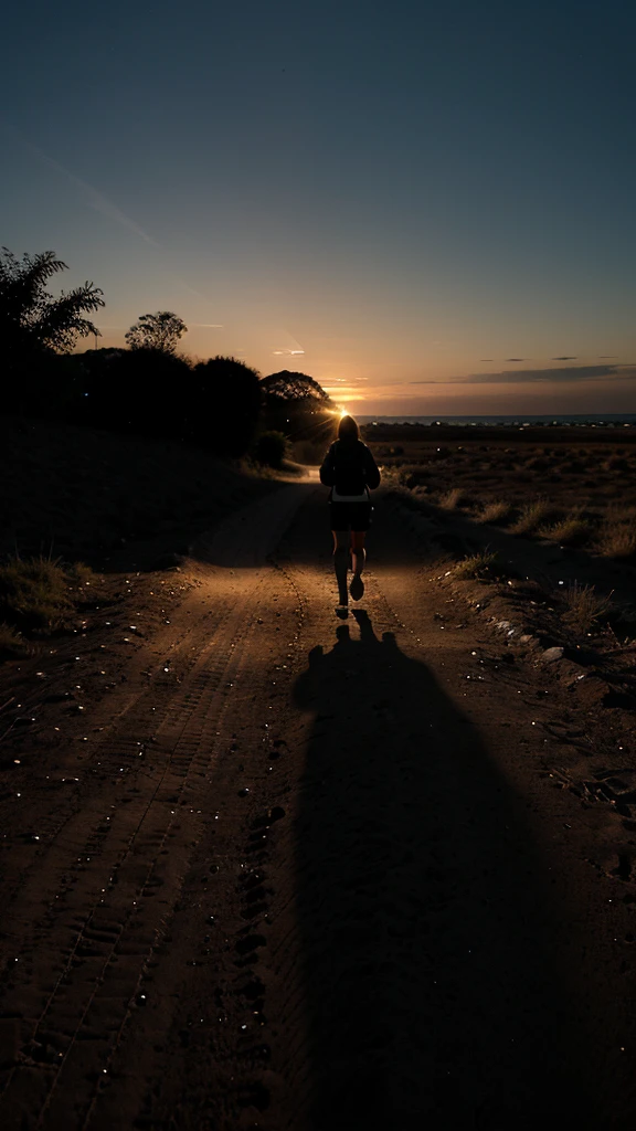 A dirt path at night, illuminated by a soft light that symbolizes confidence and determination. over the horizon, you see a silhouette of a person walking towards a distant goal.