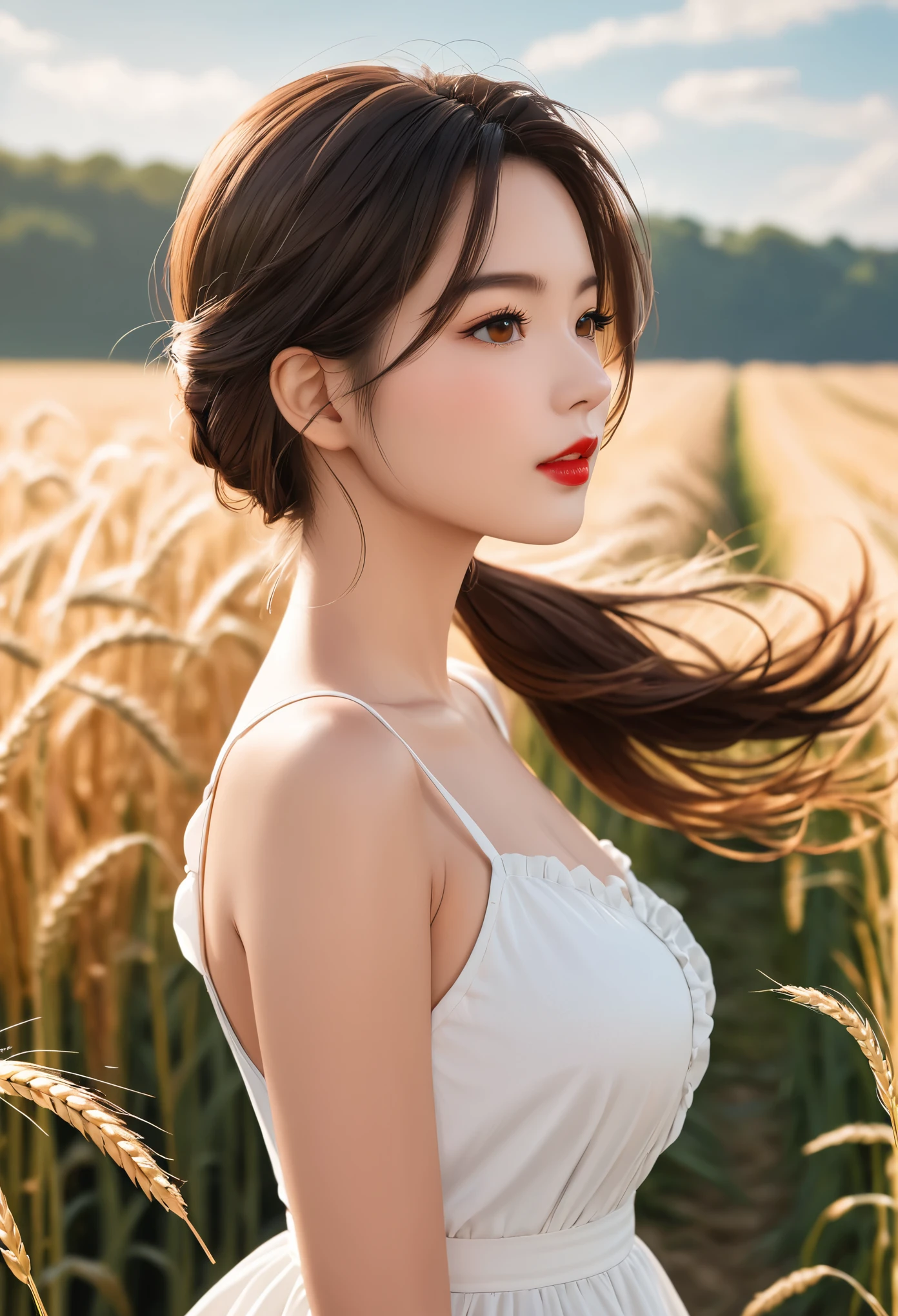 (masterpiece:1.4),, (best quality:1.4),, Ultra-high resolution,, 8K, CG,, (Very delicate and beautiful:1.2),, , Upper Body,, from the side,, View viewer,, , a girl,, alone,, robber girl,, Adult,, , Lovely, Sweet,, , in the wheat field,, Blurred background,, , long brown hair,, ponytail,, , Brown eyes,, mouth closed,, red lips,, , Face blown by the wind,, , White dress,, Medium chest,