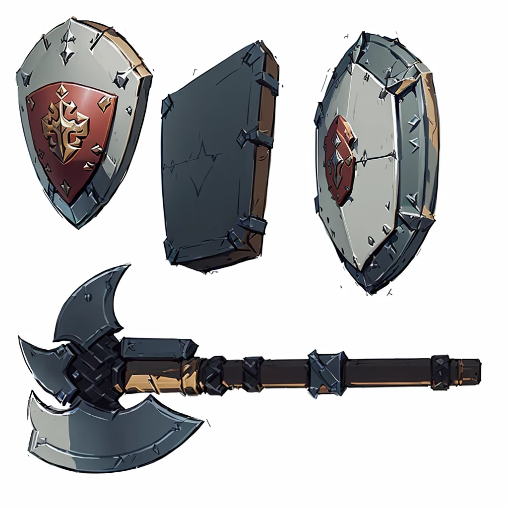 Close-up of a weapon with a shield and sword, RPG Game Items, rpg game inventory item, Weapon concept art, Weapon Concept Design, Fantasy RPG Weapon Art, holding weapon and shield, Weapon concept art, Hearthstone weapon art, Makeshift weapons, RPG Items, Weapon Design, object concept art, video Game Assets, Game Assets, tabletop game props