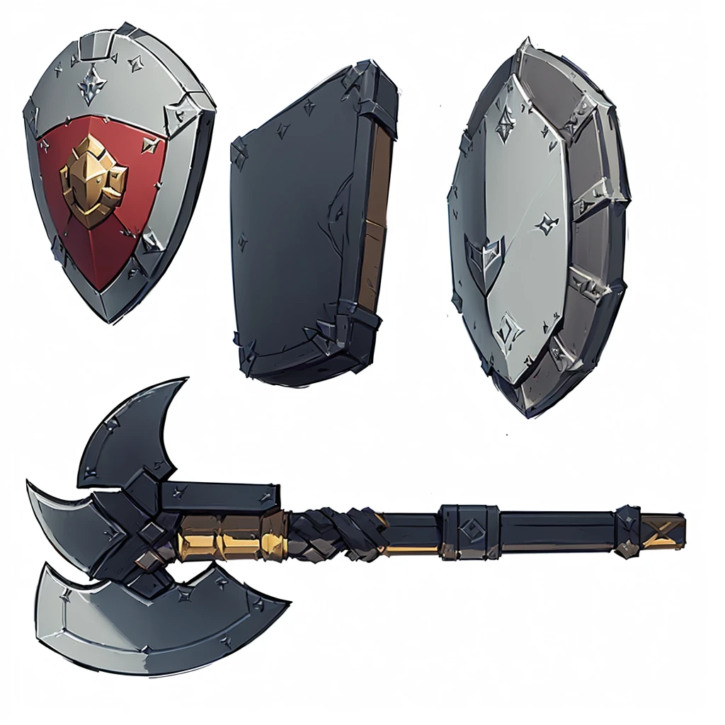 Close-up of a weapon with a shield and sword, RPG Game Items, rpg game inventory item, Weapon concept art, Weapon Concept Design, Fantasy RPG Weapon Art, holding weapon and shield, Weapon concept art, Hearthstone weapon art, Makeshift weapons, RPG Items, Weapon Design, object concept art, video Game Assets, Game Assets, tabletop game props