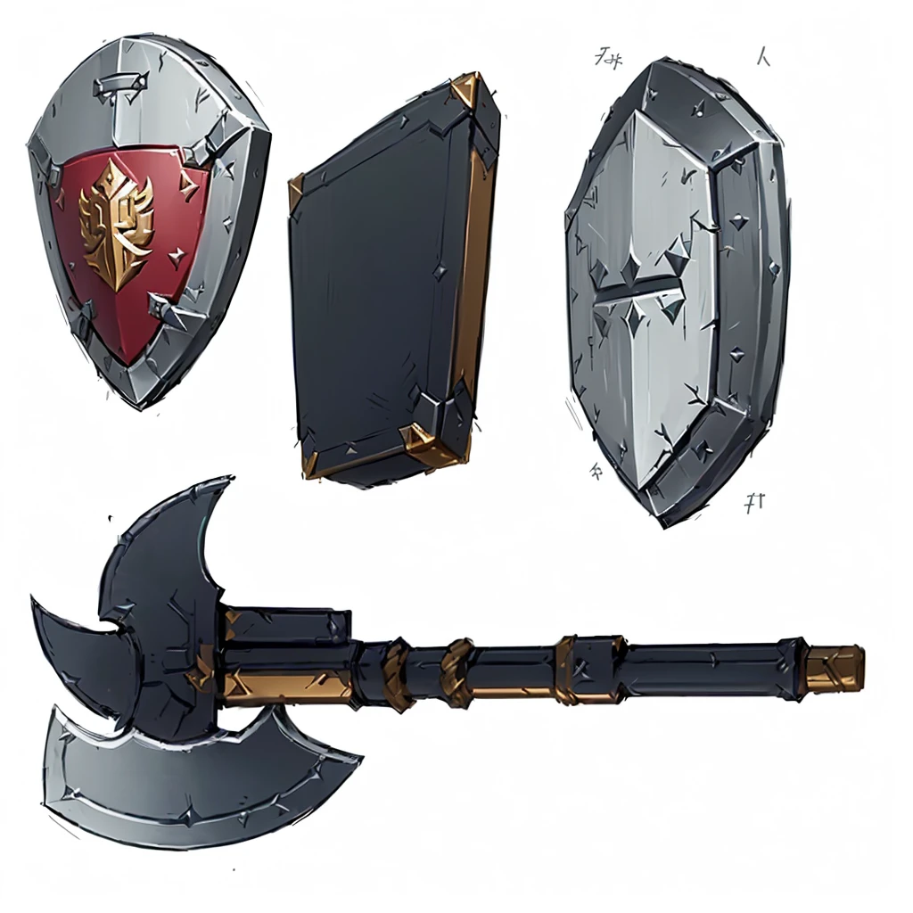Close-up of a weapon with a shield and sword, RPG Game Items, rpg game inventory item, Weapon concept art, Weapon Concept Design, Fantasy RPG Weapon Art, holding weapon and shield, Weapon concept art, Hearthstone weapon art, Makeshift weapons, RPG Items, Weapon Design, object concept art, video Game Assets, Game Assets, tabletop game props