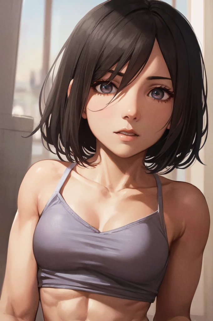 1girl,ultra high details, ultra high auality,(highly detailed face)1.2,(high quality of face)1.3,Mikasa Ackerman,highly detailed abs,perfect female anatomy, best quality of shadows,highly detailed muscles,beautiful face,volume shadows