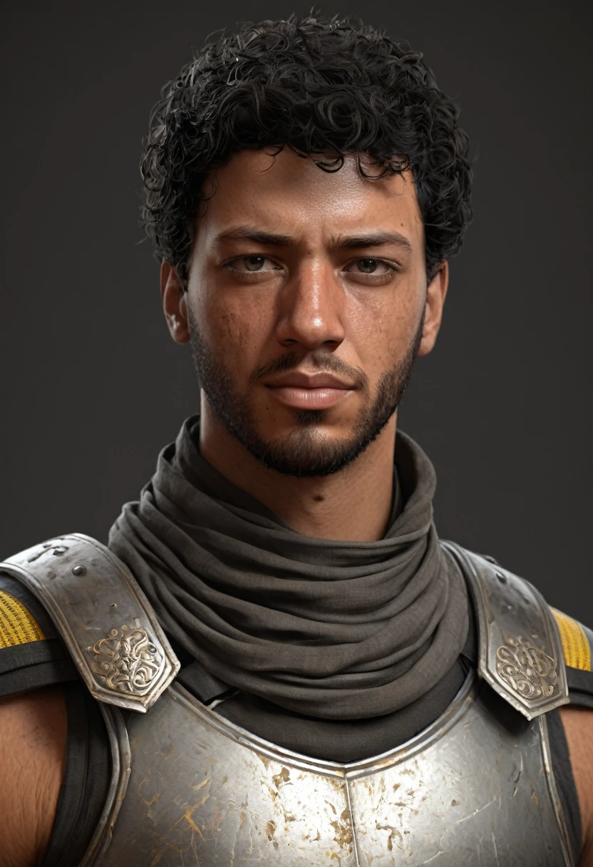 a portrait of a nervous egyptian young man with short curly black hair, yellow eyes, and soft features, wearing fine medieval orange and white armor, character portrait by senior character artist, Artstation, fantasy art, stunning character art, fantasy concept art portrait, epic exquisite character art, character portrait art, fantasy character portrait, fantasy male portrait, character concept art portrait, character art portrait, beautiful man, (muted natural colors: 1.3), 1 critical role, human ears, muscular