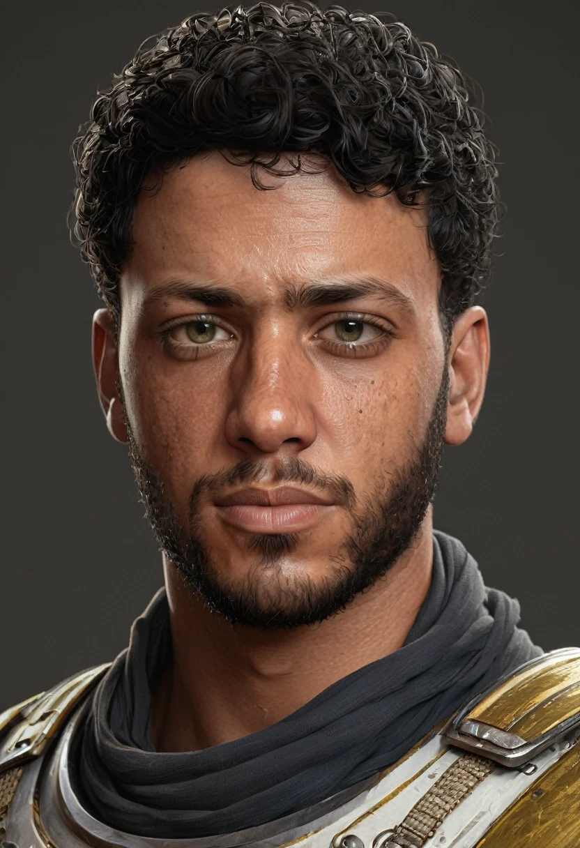 a portrait of a nervous egyptian young man with short curly black hair, yellow eyes, and soft features, wearing fine medieval orange and white armor, character portrait by senior character artist, Artstation, fantasy art, stunning character art, fantasy concept art portrait, epic exquisite character art, character portrait art, fantasy character portrait, fantasy male portrait, character concept art portrait, character art portrait, beautiful man, (muted natural colors: 1.3), 1 critical role, human ears, muscular