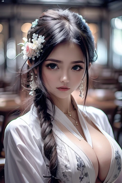 Top quality, masterpiece, HD, 1 Girl, White lingerie, light, Sweaty skin, Painful face, cry, Tears, Tears, Super beautiful face, Super beautiful eyes, Super beautiful hair(((Full and soft breasts,)))(((Huge breasts))) (((Cleavage)))