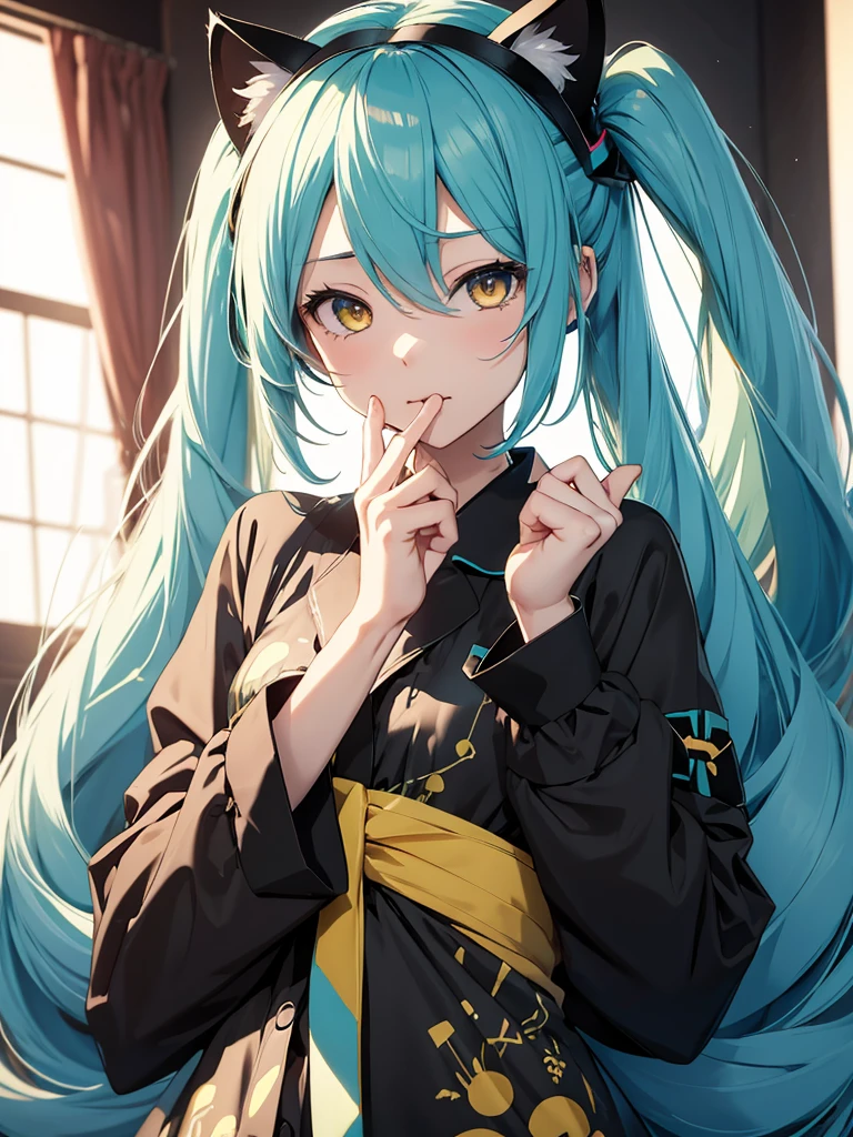 hatsune miku, black pijama, cat ears, sucking fingers, yellow eyes