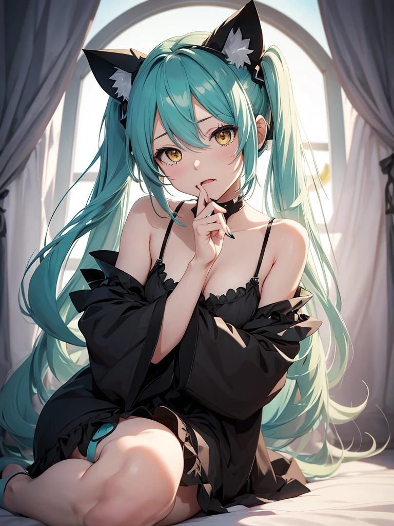 hatsune miku, black pijama, cat ears, sucking fingers, yellow eyes