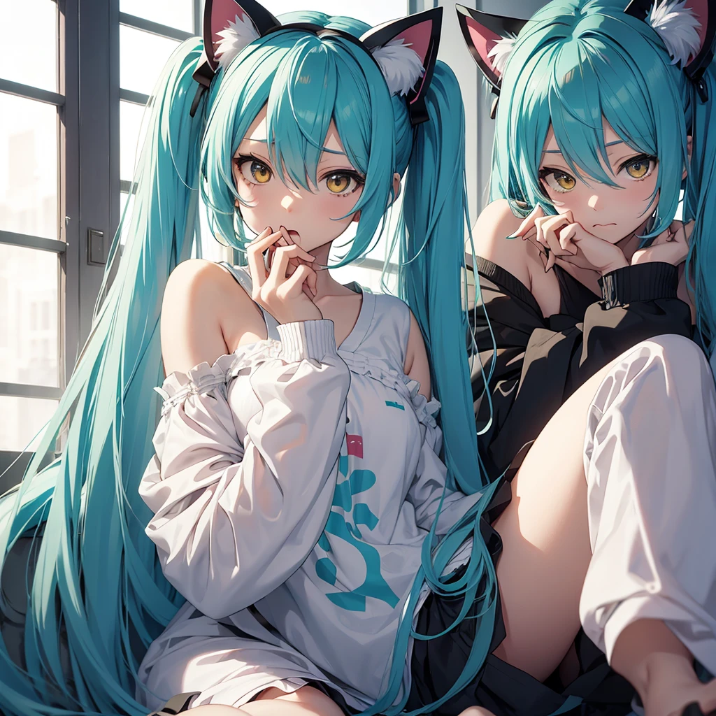 hatsune miku, pijama, cat ears, sucking fingers, yellow eyes