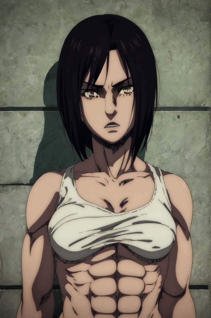 1girl,ultra high details, ultra high auality,(highly detailed face)1.2,(high quality of face)1.3,Mikasa Ackerman,highly detailed abs,perfect female anatomy, best quality of shadows,highly detailed muscles,beautiful face,volume shadows
