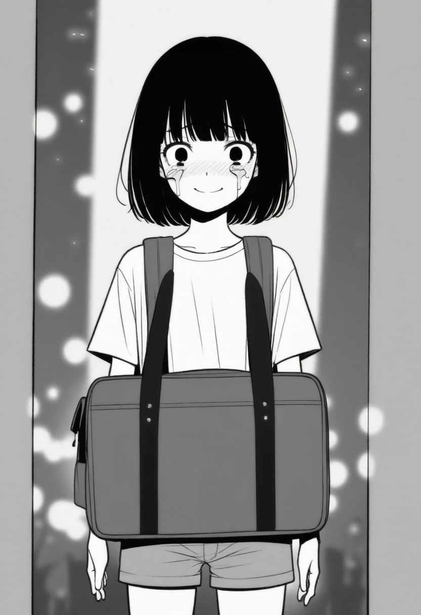masterpiece, best quality, 1girl, mamerakkkkko, grayscale, manga style, japanese, chi no wadachi, black eyes, street, iced, black hair, schoolbag, smile, lineart, white background, white shirt, grey shorts, centered, 18 years old, tall, fair skinned, bokeh background, crying, tears, straight-on, tears streaming, bob cut
