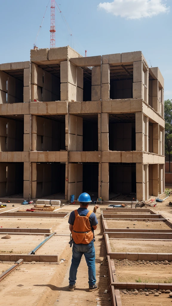A structure under construction with bricks being laid one by one. A person, dressed like a builder, adds bricks to the structure, symbolizing the small daily efforts that build the future.