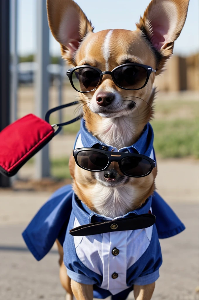 Chihuahua dog with sunglasses dressed as a news reporter