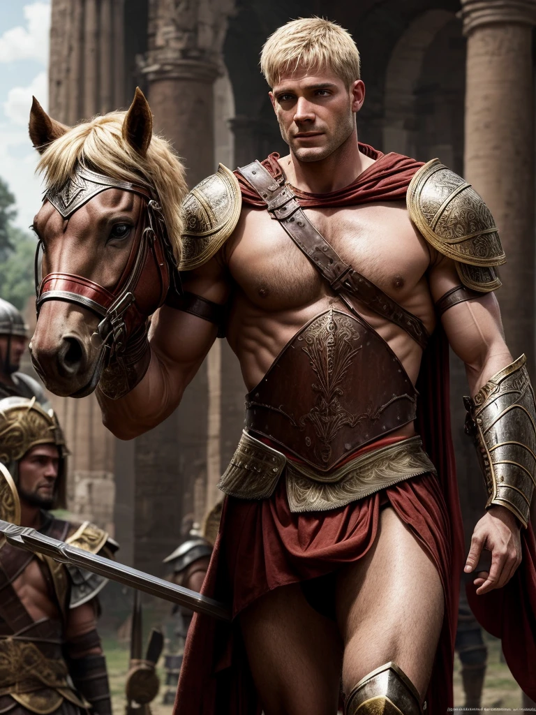 Ancient Rome. Muscular, with a carefully shaved face, without beard or mustache, handsome, in battle armor, blond centurion of the Roman army, 45 years old. He fucks in the ass a red-haired slave boy, ************, poorly dressed, who is in love with him. . There is joy and pleasure on the centurion's face