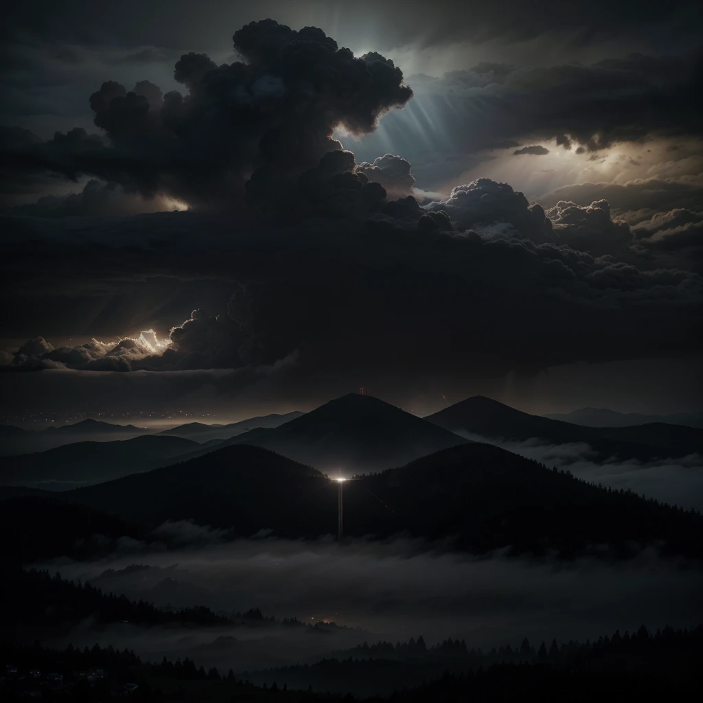 A dramatic nightscape with lightning, fog, and mysterious smoke clouds in the sky, illuminated by ethereal rays of light, (best quality,4k,8k,highres,masterpiece:1.2),ultra-detailed,(realistic,photorealistic,photo-realistic:1.37),dramatic lighting,cinematic atmosphere,moody and atmospheric,dramatic clouds,dramatic sky,dramatic lightning,dramatic rays of light,dramatic fog,dramatic smoke,dramatic night scene,dark fantasy,dark magic,dark mood