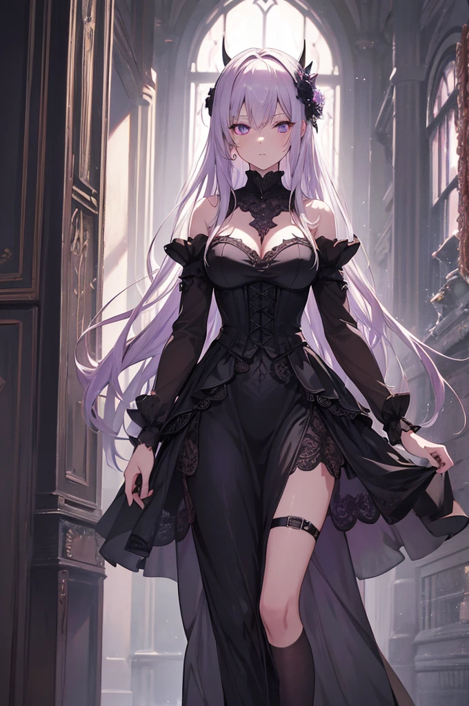 Artwork with a Colchicum motif, ((Highest quality)), High resolution, 8K, Cinematic Light, High Contrast, Written boundary depth, Strong brilliance, Detailed Background, One Girl, Dark toned gothic dress, fine grain, Shining Eyes, Detailed Iris,poison,Ruthless Killer、Insanity