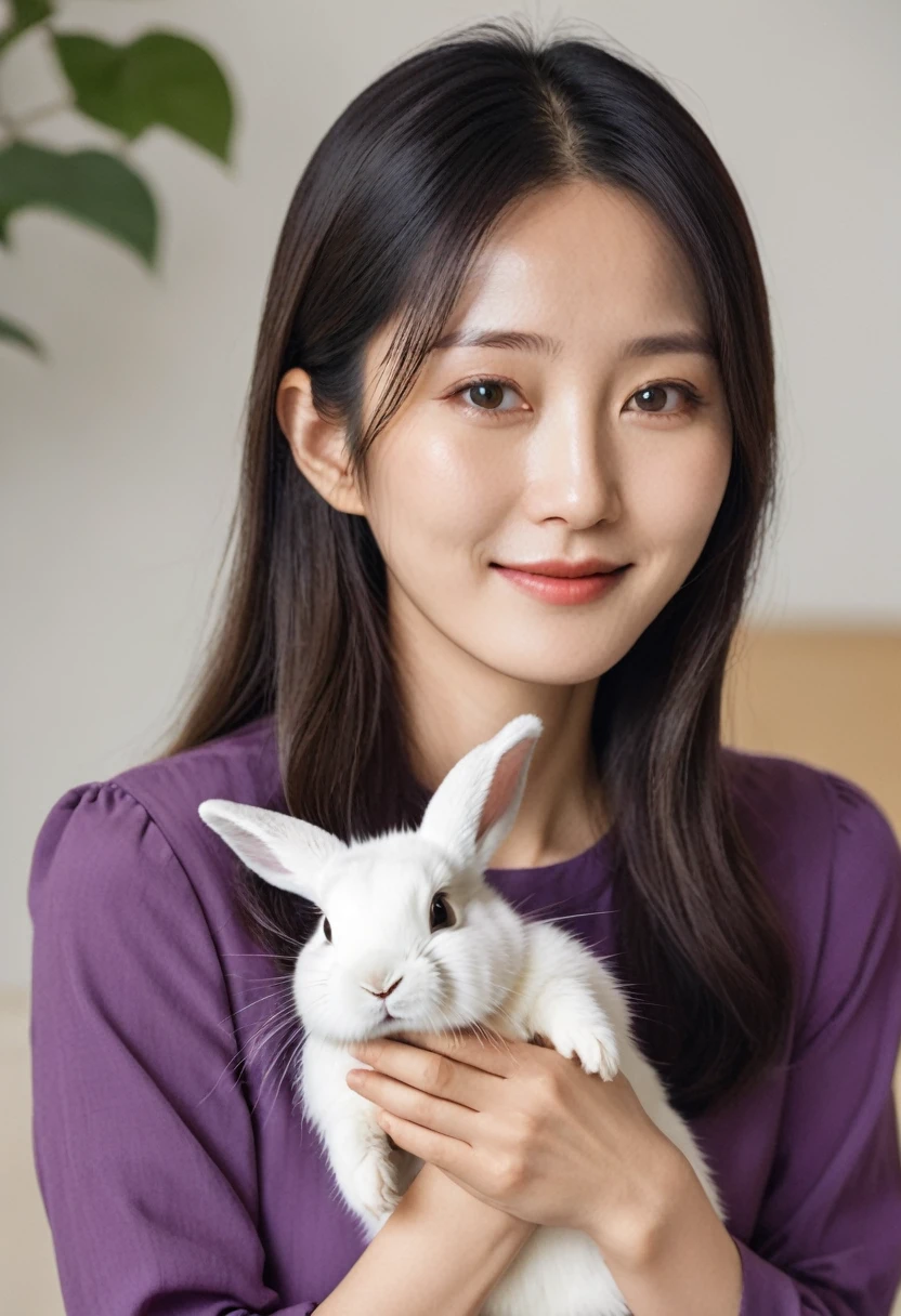 25 year old Korean mature woman with a thin smile, long hair,wearing a purple shirt,written"LIDIA"is hugging a rabbit