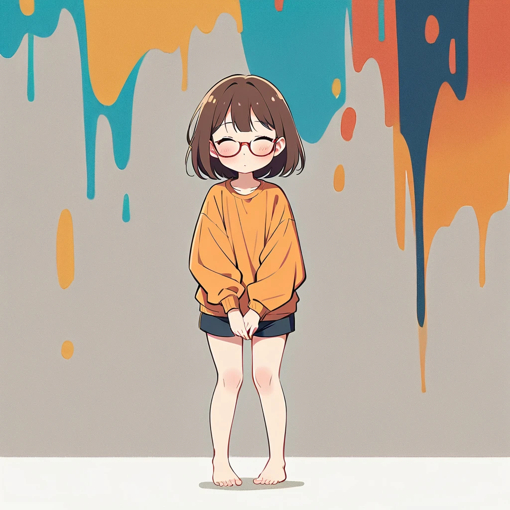 Girl in house,Simple lineinimalism,Abstract Art, urge to pee, covering crotch with two hands, knees together, feet apart, open eyes, orange shirt, yellow arm warmers, shorts, wearing glasses, full-body view, standing upright, full-body view