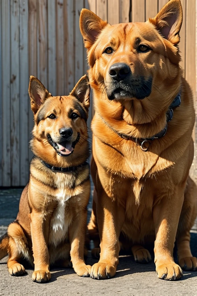 a photo of an orange cat and a german shepherd dog with dwarfism