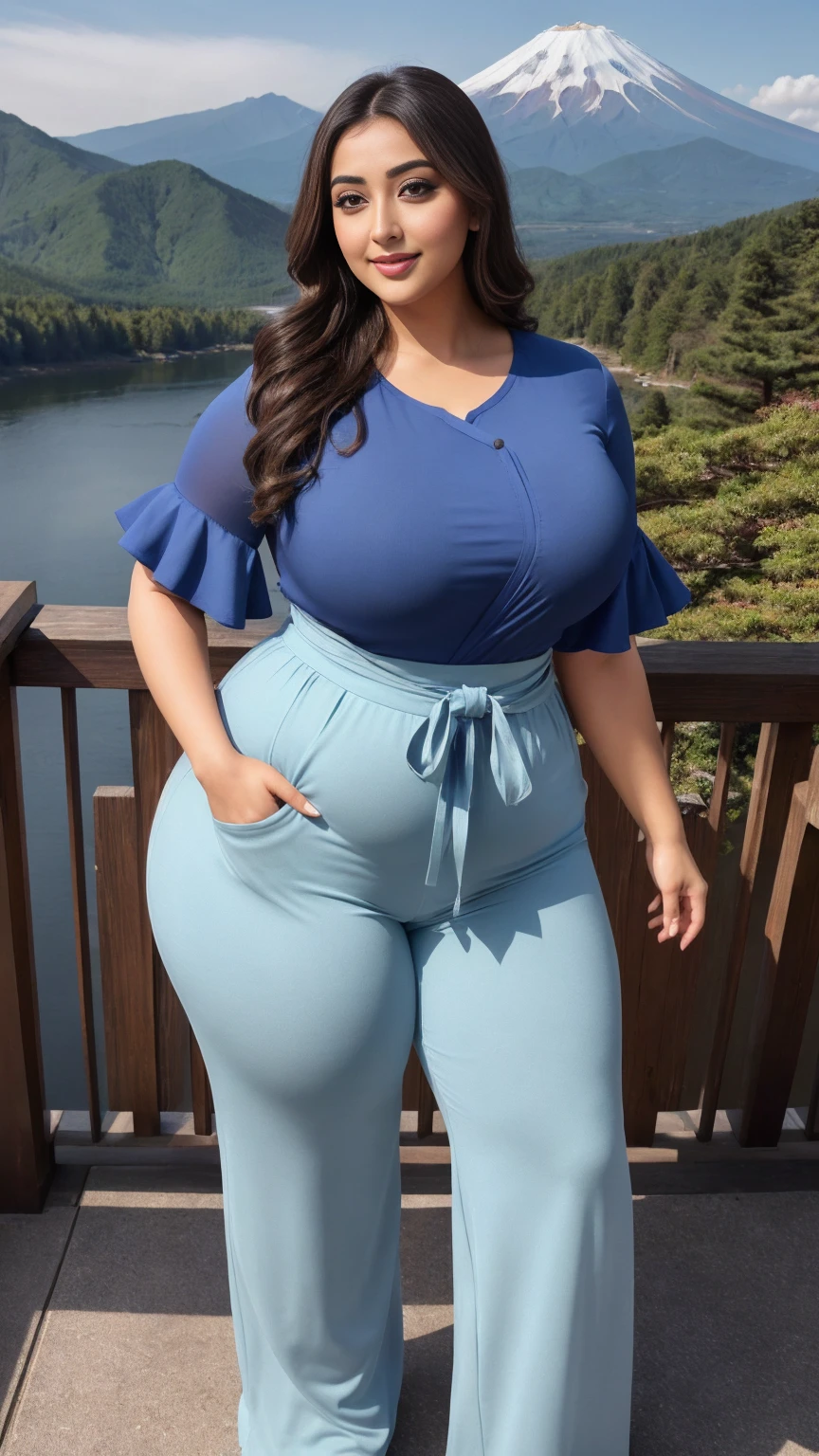 monali thakur Indian beautiful actress curvy plus size hour glass bulky huge figure woman, closeup camera view, big huge m-cup breast, wearing Plus Size Women's Solid Color Wide Leg Pants With Ruffle Edge And Waist Tie For Vacation Color: BlueSHEIN VCAY Women's Solid Color Square Neck Short Sleeve Jumpsuit, Summer Color: Royal Blue , covered Bust , elegant standing position, eye contact view, different style hairstyle, bright eyes, thin eyebrows, fair skin, blushing cheeks, prefect head to toe view, full body, and expansive views, ideal for high-fashion or editorial shoots, ultra realistic skin texture, head to toe view, full body shot, full body view, smile face, black hair, Indian face, perfect skin tone light, ultra realistic skin texture, bigger waist, busty, big hips, fleshy thighs, thick thighs, busty, full body view, Mount Fuji, Japan: Snow-capped peak with picturesque surrounding landscapes.
