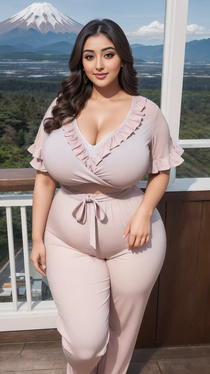 monali thakur Indian beautiful actress curvy plus size hour glass bulky huge figure woman, closeup camera view, big huge m-cup breast, wearing Plus Size Women's Solid Color Wide Leg Pants With Ruffle Edge And Waist Tie For Vacation Color: BlueSHEIN VCAY Women's Solid Color Square Neck Short Sleeve Jumpsuit, Summer Color: Royal Blue , covered Bust , elegant standing position, eye contact view, different style hairstyle, bright eyes, thin eyebrows, fair skin, blushing cheeks, prefect head to toe view, full body, and expansive views, ideal for high-fashion or editorial shoots, ultra realistic skin texture, head to toe view, full body shot, full body view, smile face, black hair, Indian face, perfect skin tone light, ultra realistic skin texture, bigger waist, busty, big hips, fleshy thighs, thick thighs, busty, full body view, Mount Fuji, Japan: Snow-capped peak with picturesque surrounding landscapes.